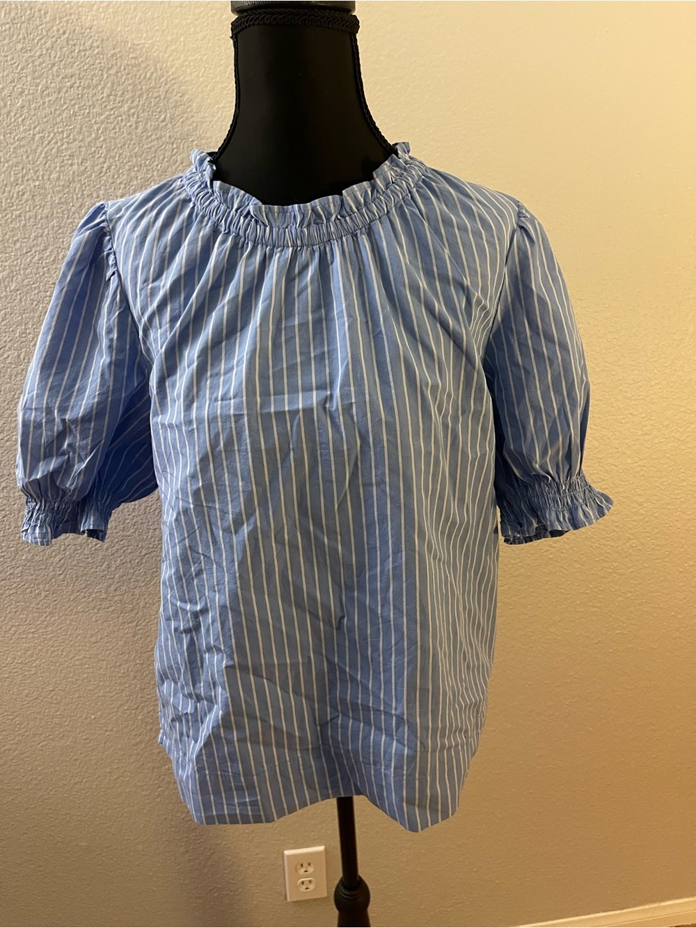Smocked Neck Blue & White Stripe Puff Sleeve Blouse